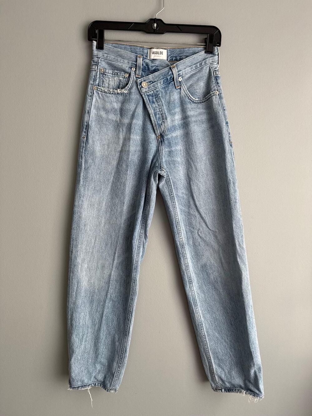 AGOLDE Women Criss Cross Jean Sz 23 Light Wash 100% Cotton Raw Hem Y2K Vintage
